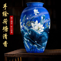 Jingdezhen ceramic green flower hand painted lotus flower large number vase swinging piece living room flower arrangement Chinese style Xuanguans home decoration goods