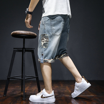 Denim Shorts Male summer slim Loose Straight Drum Tide Cards PANTS CASUAL 100 HITCH VERSION TREND 50% PANTS MEN