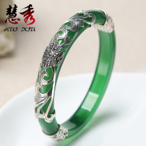 Natural green agate opening bracelet 925 pure silver jade medullary stone bracelet for mother-in-law seniorselders gift women