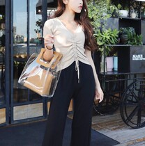 Counter 2020 summer new slim V-neck short-sleeved ice silk t-shirt womens lace-up drawstring slim-fitting umbilical top