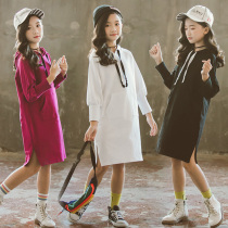 Girl Dress Autumn dress 2021 new middle and big childrens foreign style hooded sweater long dress Korean childrens princess long dress