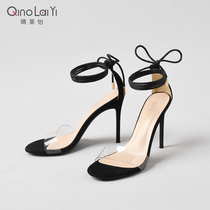 Qinglaiyi strapping high heels thin heels black sexy fashion transparent open toe lace up red sandals women