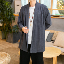 Chinese cotton and linen trench coat mens long thin cardigan green fruit collar cloak cliché dark pattern jacket wide shoulder shirt