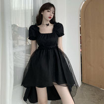 Summer 2021 new collection waist display slim skirt irregular small black dress square collar temperament Blister Short Sleeve Dress Woman
