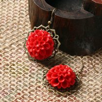 Original National style retro exaggerated lacquer carving peach blossom flower flower earrings characteristic craft gift earrings