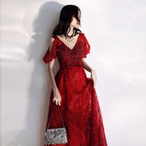 V-neck toast dress bride 2021 summer thin red wedding evening dress Female long large size engagement return dress
