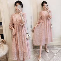 Pregnant womens tide European goods 2021 spring and autumn foreign atmosphere early spring flower polo point chiffon new long autumn dress