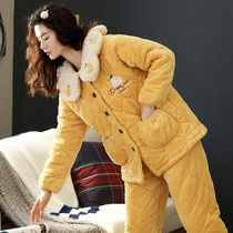 Pajamas Woman Autumn Winter Thickened warm three-layer clip Cotton Coral Suede Adorable Flannel Winter Cotton Padded Jacket HOME SUIT SUIT