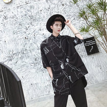 Summer short-sleeved personality trendy brand hair stylist trend irregular top OVERSIZE loose seven-sleeved shirt men