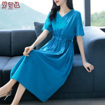 Summer dress Lady linen skirt wide Lady fat mm elegant style cotton linen dress simple noble long dress women