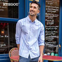 Kuegou Men Long Sleeve Shirt Male Spring Fashion Casual Striped Shirt Comfort Pure Cotton Blouse 20514