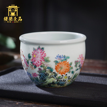 Full hand painted pastel full chrysanthemum cylinder cup Tea master cup Jingdezhen Kung Fu ceramic tea cup Tea cup Individual single cup