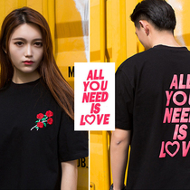 Stay gold rose tee two-color rose embroidery couple round neck short-sleeved T-SHIRT couple shirt