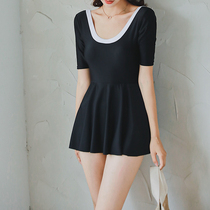 Conservative swimwear sexy skirt style one-piece swimsuit womens short sleeve belly thin hot spring backless swimsuit new hot spring