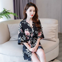 Japanese style ~ glamorous pajamas female summer print robe thin sexy lace-up bathrobe Ice Silk home clothes