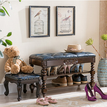 Solid wood genuine leather shoe changing stool small square stool doorway storage containing shoe rack Xuanguan Shoe stool style shoe cabinet American bed tail stool