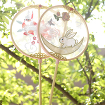 Ke Meng girl Hanfu palm fan Mini childrens fan accessories Long handle hand embroidery group fan Small round fan High-end