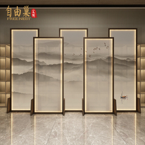 New Chinese multi-screen ink landscape light-emitting living room hotel custom LOGO solid wood partition seat screen