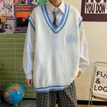 Sweater vest men ins Tide brand spring and autumn Academy style Japanese V-neck knitted vest Joker outside wearing waistcoat