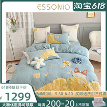 ESSONIO Winter Coral Suede Four Sets Small Freshener Cartoon Thickened Warm Flannel Bedding Bed Bedding