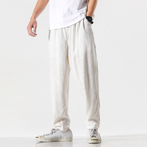White cotton linen trousers mens thin breathable loose Haren pants straight tube solid color casual pants Chinese style summer pants