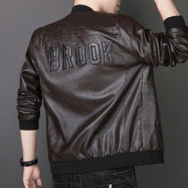 Embroidery leather clothes mens spring 2022 new men genuine leather big code jacket Han version Tide Card Handsome baseball collar blouses