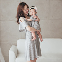 Parent-child lactation clothes pure cotton out-of-home dress fashion large size summer short-sleeved pregnant women breastfeeding skirt maternity clothes