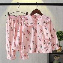 20 spring and summer childrens pure cotton yarn pajamas set girl baby long-sleeved cardigan middle and big children thin fashion home clothes