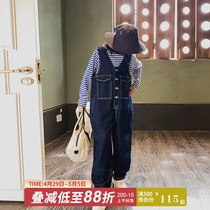 Girl Back Belt Pants 2022 Summer New Children Big Pocket Jeans Big Child Loose Foreign Air Conjoined Pants
