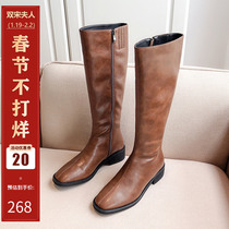 Boots womens 2021 autumn and winter British small mid-tube boots winter plus velvet thick heel brown knight boots straight slim