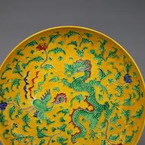  Chunde Tang}Daming Hongzhi enamel carved dragon and phoenix pattern plate handmade antique old porcelain ornaments Antique ancient