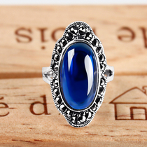 Jiashun Taiyin retro fashion personality exaggerated temperament inlaid blue corundum gem index finger ring female silversmith