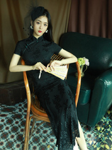 Black Qipao 2021 New Retro Temperament China Wind Improved Version Long High-end Sexy Tandem Dress Fall