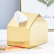 Small house-shaped golden tissue box brass color metal drawing box Nordic ins light luxury ornaments customized