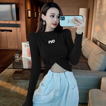 Fanchy black base shirt Women autumn Foreign color wild slim letter print interior short long sleeve T-shirt top