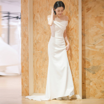 Fataway Brigade slapped with light wedding dress Wedding Bride to go out to greet Bing veil minimalist Temperament Satin Small Trailing Gown