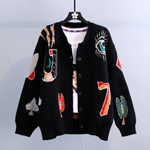 2021 Autumn Fashion New Korean version Loose Fashion Cartoon Cartoon Embroidered Sweater Jacket Woman Lazy Wind Knit Cardiovert