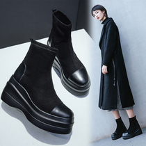 Muffin booties women 2021 autumn and winter leather thick-soled stretch boots super high heeled Martin boots joyful Chelsea single boots tide