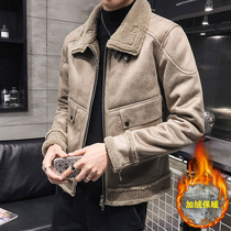2021 Winter New plus velvet padded suede jacket mens lapel warm lamb coat fur one tide