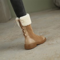 Leather snow boots women 2021 Winter new foreign style plus velvet padded boots leather wool one Martin cotton boots