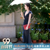 Silk fishtail dresses clearance special heavy weight sand wash shingling elastic satin V-collar wrinkled a city of wind