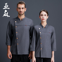 Gray linen chef overalls long sleeve Autumn Winter Men China style hotel dining kitchen chefs clothing long sleeve cotton