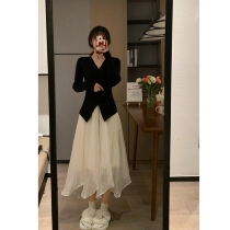 ms sweet end end autumn and winter design sense V-neck cross super thin black knitted sweater thickened bottoming top women