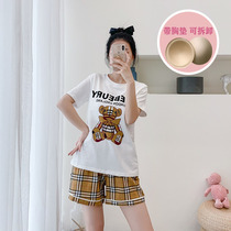 Pajamas with chest pad womens summer short-sleeved shorts pure cotton cute cartoon bear Korean version loose thin section student home service