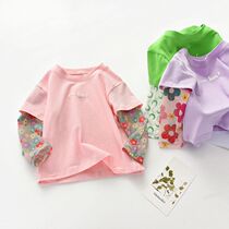  Girls  autumn Hyuna style fake two-piece female baby stitching floral new autumn thin long-sleeved clothes Korean version