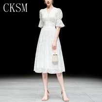 CKSM2021 new casual thin temperament lace embroidery ruffle sleeve waist mid-length dress womens clothing