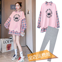 Pregnancy Woman Dress Autumn Clothing Suit Fashion Fake Two Plaid Blouses Spring Autumn Season Loose big code medium long sweatshirt Fall