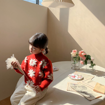 OKAIDI France Childrens sweater girls autumn winter thickened solid snow flower knit cardiovert red Christmas blouses