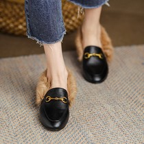 Mao shoes womens autumn and winter wear 2021 new explosive thick heel small leather shoes leather plus velvet Muller Lofu single shoes