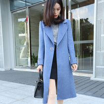 Blue metal hidden buckle wool coat women autumn and winter 2020 new temperament long double-sided cashmere coat women